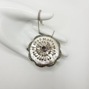 Vtg Sterling Silver Mother of Pearl Multi Gemstone Flower Pendant on 925 Chain